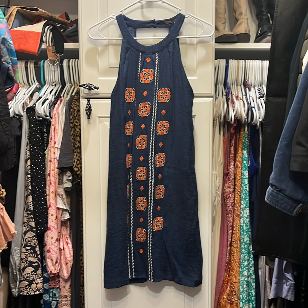 THML brand dress navy blue orange embroidery sz s open cross back